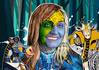 Pop-Art Collage einer Frau mit Giraffen und Zebra im Dschungel-Setting