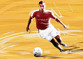Pop-Art Illustration eines Fußballspielers in rotem Trikot mit Ball am Fuß