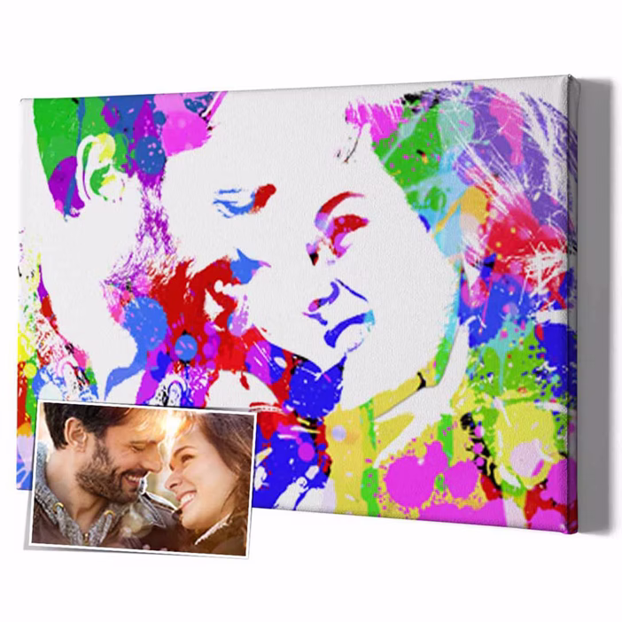 Personalisiertes Pop-Art-Paar-Leinwandbild mit bunten Farbspritzern als romantisches Geschenk
