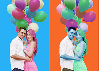 Pop-Art Paar umarmt sich mit bunten Luftballons, zweifarbiger Hintergrund