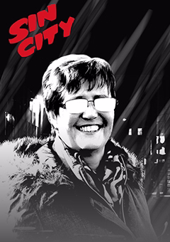 Pop-Art Sin City Vorlage mit einer Person in schwarz-weiß vor düsterem Stadtbild