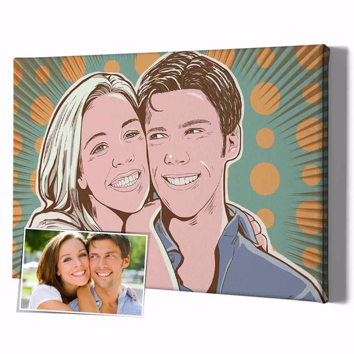 Personalisiertes Pop-Art-Porträt eines Paares auf Leinwand im Retro-Cartoon-Stil
