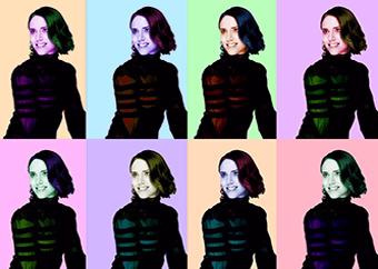 Pop-Art Poster einer Frau in acht bunten Feldern im Warhol-Stil