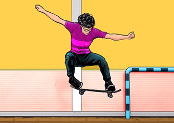 Pop-Art Skateboarder springt mit Skateboard in pinkfarbenem Shirt in Sporthalle