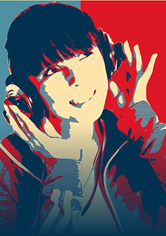 Pop-Art Porträt einer Person mit Kopfhörern im Shepard-Fairey-Stil
