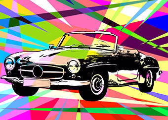 Klassischer Cabrio-Oldtimer im bunten Pop-Art-Stil mit strahlendem Farbexplosions-Hintergrund