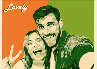 Pop-Art Paar macht Selfie mit Peace-Zeichen auf grün-orangem Hintergrund