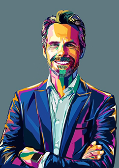 Pop-Art Mann im Anzug mit verschränkten Armen in bunten WPAP-Farben