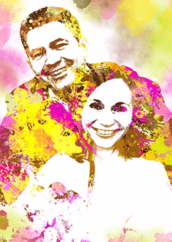 Paar-Portrait im bunten Aquarell-Pop-Art-Stil mit Farbspritzern