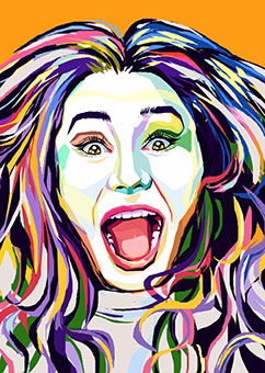 WPAP Pop-Art Porträt einer Frau mit bunten Farben auf orangem Hintergrund