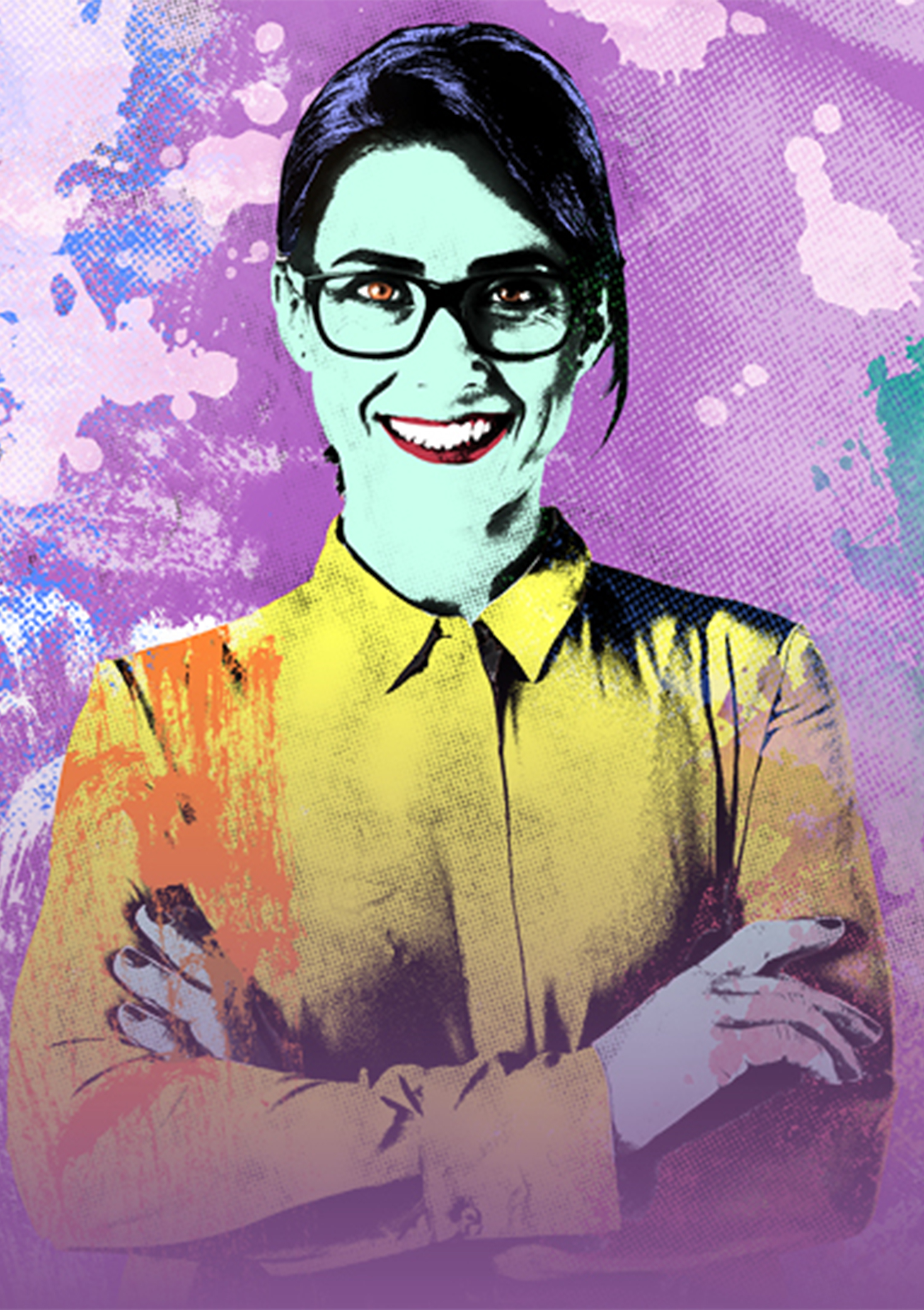 Pop-Art-Porträt einer Frau mit Brille und gelbem Hemd, verschränkten Armen