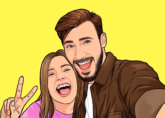Pop-Art Selfie eines Paares mit Peace-Zeichen auf gelbem Hintergrund