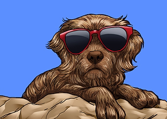 Pop-Art Hund mit roten Sonnenbrille liegt entspannt vor blauem Hintergrund
