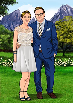 Paar in eleganter Kleidung als Pop-Art-Illustration vor Bergpanorama und Wiese