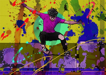 Pop-Art Skateboarder führt Trick aus vor buntem Farbklecks-Hintergrund