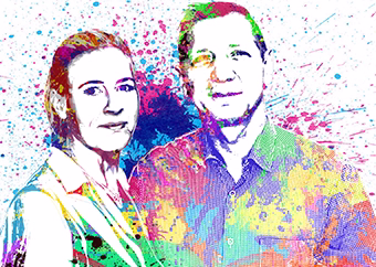Paar als buntes Pop-Art-Porträt mit farbigen Farbspritzern auf weißem Hintergrund