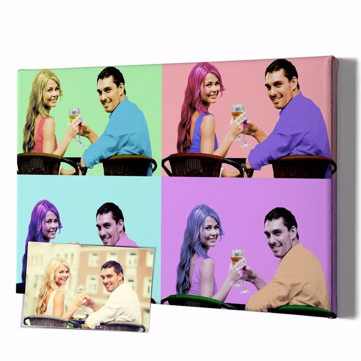 Pop-Art-Leinwand Paar beim Anstoßen in vier bunten Warhol-Feldern