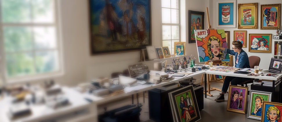 Künstler malt großformatiges Pop-Art-Bild im Atelier mit bunten Gemälden