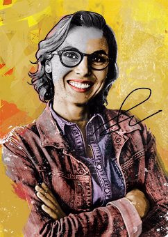 Pop-Art-Porträt einer Frau mit Brille und Jeansjacke auf gelbem Hintergrund