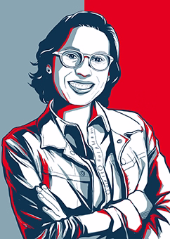 Pop-Art-Porträt einer Frau mit Brille und verschränkten Armen im Obama-Plakat-Stil