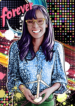 Pop-Art Vorlage Frau mit Brille und Blumenbluse hält Windrad, bunter Hintergrund mit Forever-Schriftzug