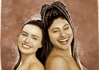 Zwei Frauen eng beieinander, warme Sepia-Töne, Portrait-Illustration im Kunstdruckstil