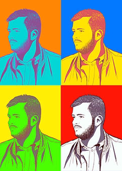 Pop-Art Poster mit einem Mann im Vierer-Raster auf bunten Hintergründen
