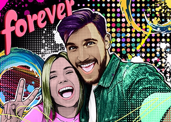 Paar im Pop-Art-Stil mit Forever-Schriftzug auf buntem Hintergrund