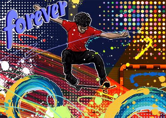 Pop-Art Skateboarder springt mit Skateboard vor buntem Graffiti-Hintergrund mit Forever-Schriftzug