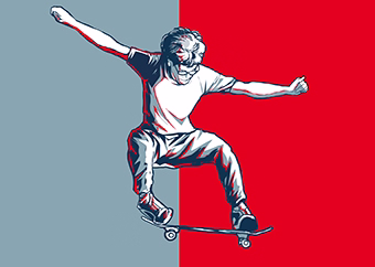 Pop-Art Skateboarder springt in spektakulärem Trick vor rotem und blauem Hintergrund