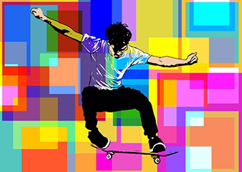 Pop-Art Skateboarder springt einen Trick vor buntem Rechteck-Hintergrund