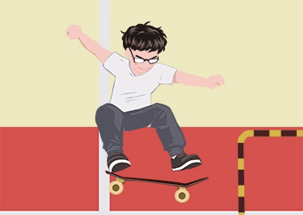 Pop-Art Cartoon Skateboarder springt einen Trick an urbaner Halfpipe