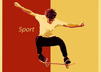 Pop-Art Vorlage Skateboarder in dynamischer Sprung-Pose im Retro-Stil