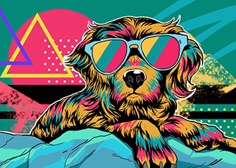 Bunter Hund mit Sonnenbrille im knalligen Pop-Art-Stil der 80er