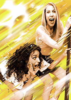 Zwei Frauen in aufgeregter Action-Pose im goldenen Pop-Art-Stil