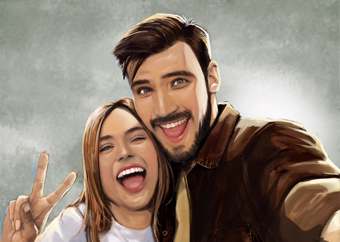 Paar macht Selfie mit Victory-Zeichen im Pop-Art-Cartoon-Stil