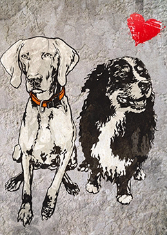 Zwei Hunde im Banksy-Graffiti-Stil mit rotem Herz auf Betonwand
