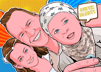 Pop-Art Selfie Familie mit Baby und Schriftzug Super Daddy zum Vatertag