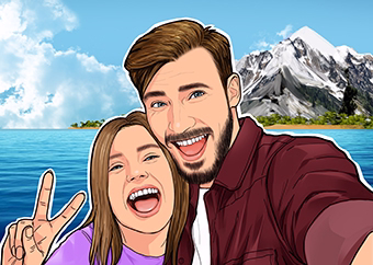 Paar macht Selfie im Pop-Art-Stil vor Bergpanorama und Meer
