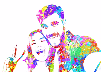 Paar macht Selfie im bunten Farbklecks Pop-Art-Stil auf weißem Hintergrund