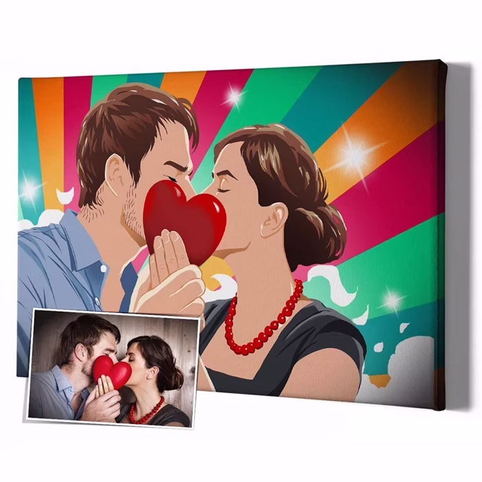 Pop-Art Leinwand Paar mit rotem Herz küssend bunter Strahlenhintergrund personalisiertes Geschenk