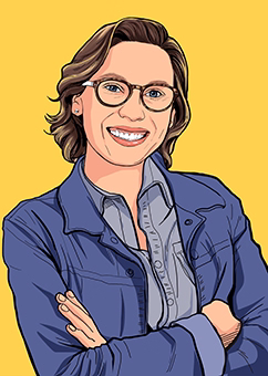 Pop-Art-Porträt einer Frau mit Brille und Jeansjacke auf gelbem Hintergrund