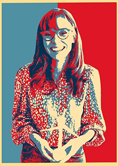 Pop-Art Porträt einer Frau in geblümter Bluse im Shepard-Fairey-Stil
