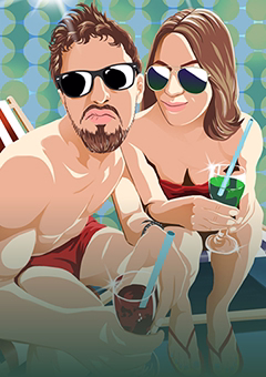 Pop-Art-Paar mit Sonnenbrillen entspannt am Pool mit Cocktails