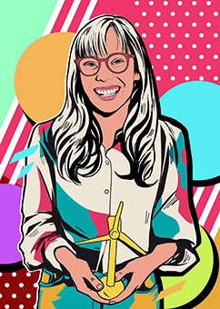 Pop-Art Illustration Frau mit Windrad Modell bunter 80er Jahre Hintergrund