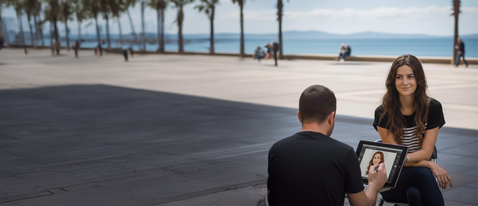 Künstler zeichnet digitales Portrait einer Frau auf Tablet an der Strandpromenade