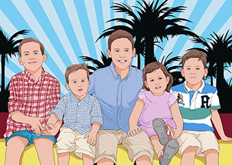 Pop-Art Familienbild mit Elternteil und vier Kindern vor Palmen-Hintergrund