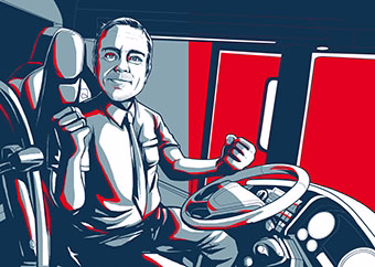 Pop-Art Illustration Mann am Steuer eines Busses im Obama-Plakat-Stil