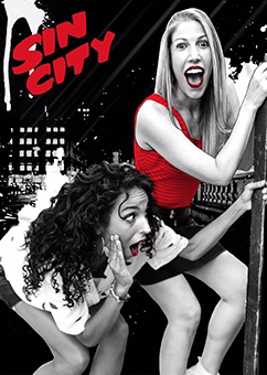 Zwei Frauen in dramatischer Sin City Pop-Art Pose vor Stadtkulisse