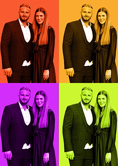 Pop-Art Paar in Festoutfit als vierfarbiges Warhol-Raster-Kunstwerk